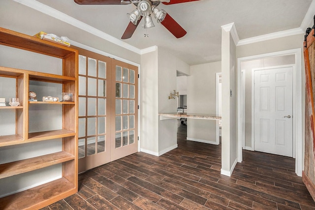 1727 Plumbwood Way, Houston, TX 77058 - unfurnished office featuring ceiling fan, french doors, dark wood-style flooring, ornamental molding, and baseboards