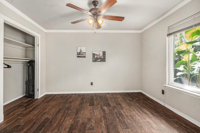 1727 Plumbwood Way, Houston, TX 77058 - unfurnished bedroom with wood finished floors, crown molding, baseboards, a closet, and a ceiling fan