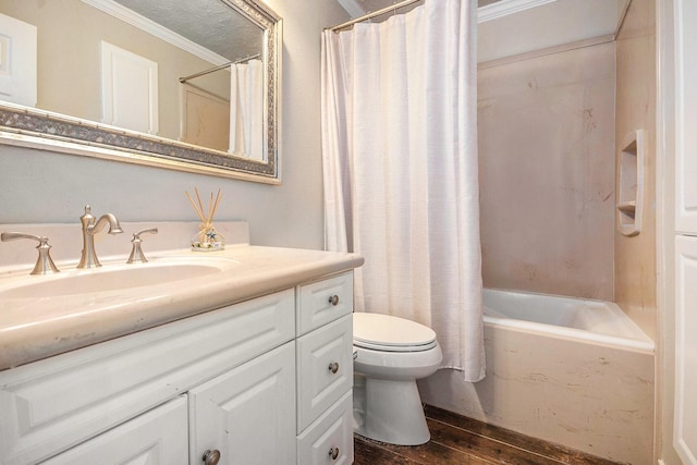 1727 Plumbwood Way, Houston, TX 77058 - bathroom with wood finished floors, vanity, crown molding, toilet, and shower / tub combo