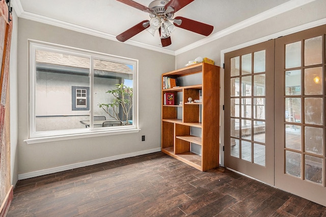 1727 Plumbwood Way, Houston, TX 77058 - spare room featuring ornamental molding, baseboards, dark wood-style floors, and ceiling fan