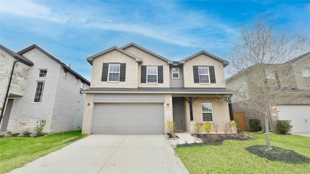 22218 Delphin Grove Dr, Hockley, TX 77447 - traditional-style home with brick siding, an attached garage, driveway, and a front lawn