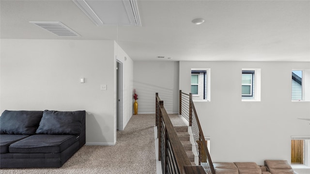 22218 Delphin Grove Dr, Hockley, TX 77447 - hallway with attic access, carpet, an upstairs landing, and baseboards