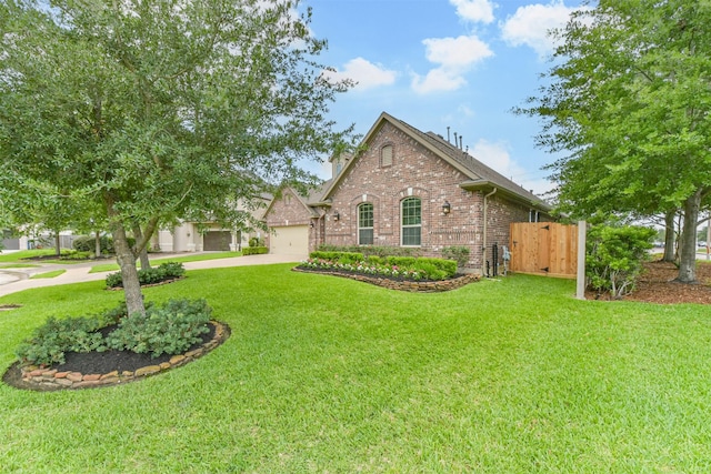 view of front facade with brick siding, concrete driveway, and an attached garage