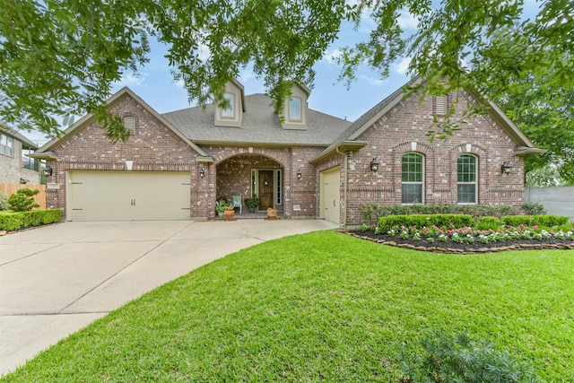 view of front of property with concrete driveway, brick siding, a garage, a front lawn, and a shingled roof