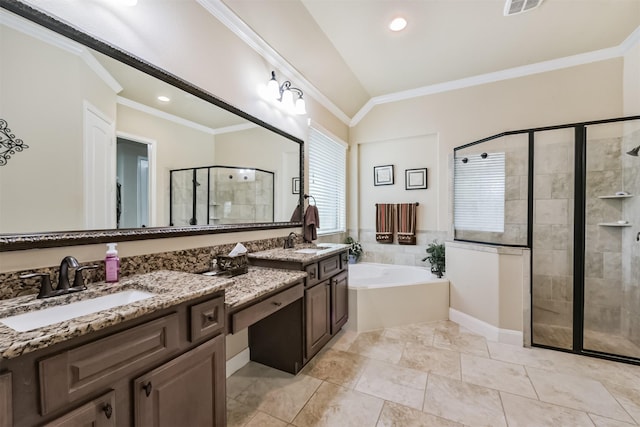 full bath with a shower stall, a bath, ornamental molding, double vanity, and recessed lighting
