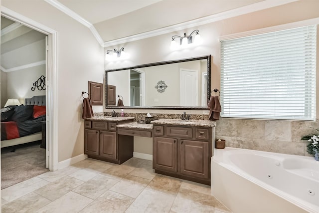 full bathroom with ornamental molding, a jetted tub, ensuite bathroom, and double vanity