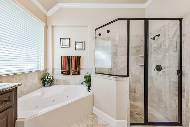 full bath featuring ornamental molding, a stall shower, a whirlpool tub, and vanity