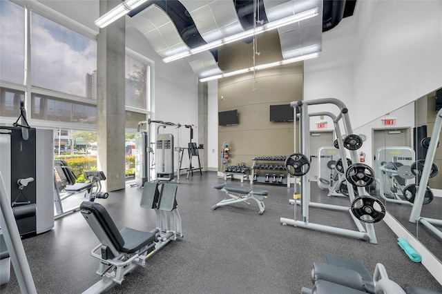 workout area with a high ceiling