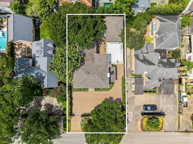 aerial perspective of suburban area with property boundaries highlighted