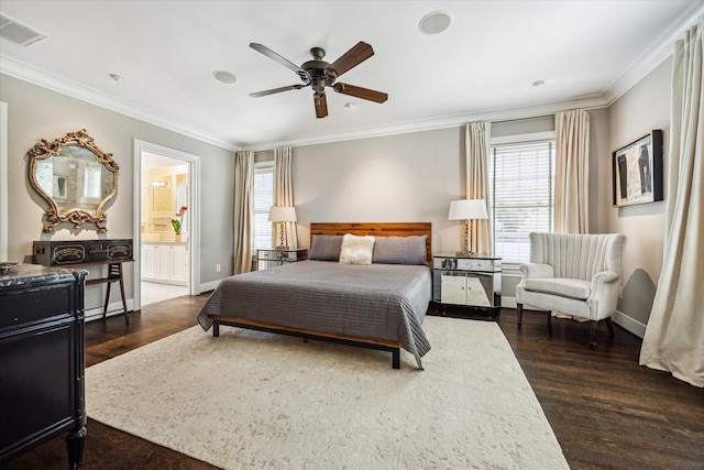 bedroom with multiple windows, ornamental molding, dark wood-style floors, and baseboards