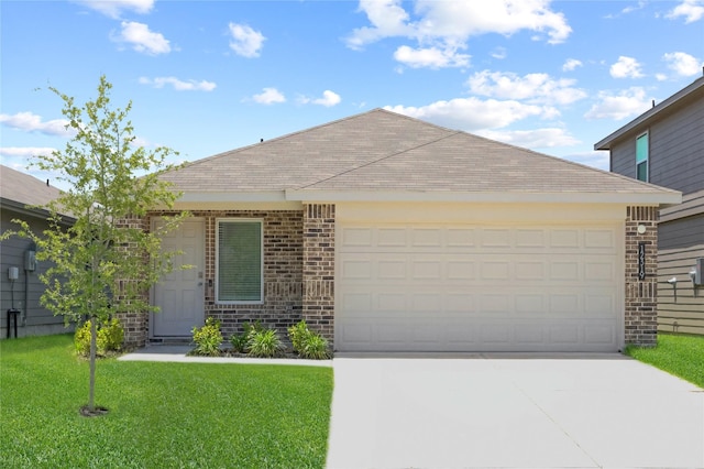 12319 Tranquil Pines Dr, Houston, TX 77014 - ranch-style home with concrete driveway, a garage, a front lawn, brick siding, and roof with shingles