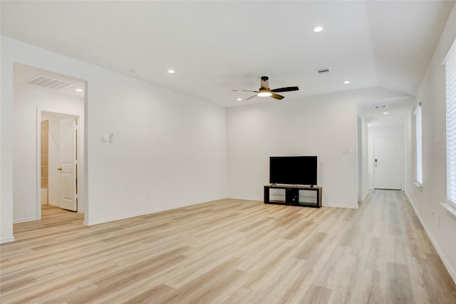 12319 Tranquil Pines Dr, Houston, TX 77014 - unfurnished living room with light wood-type flooring, a ceiling fan, recessed lighting, and baseboards