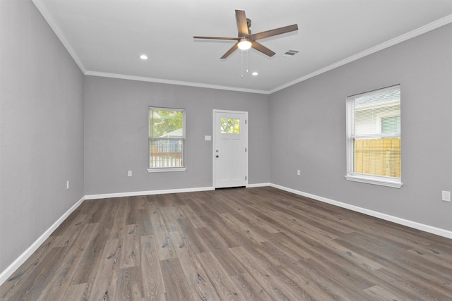 unfurnished living room featuring crown molding, a ceiling fan, wood finished floors, baseboards, and recessed lighting