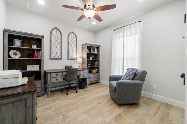 100 Calvary Dr, Adkins, TX 78101 - office with a ceiling fan, baseboards, light wood-style flooring, and recessed lighting