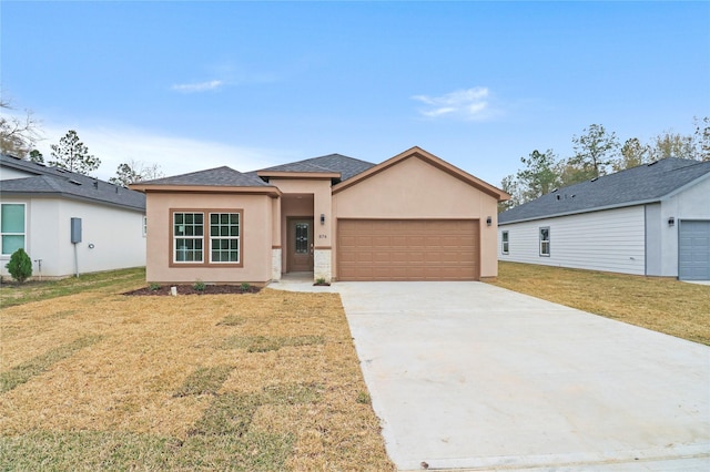 ranch-style house with stucco siding, a front yard, an attached garage, a shingled roof, and concrete driveway