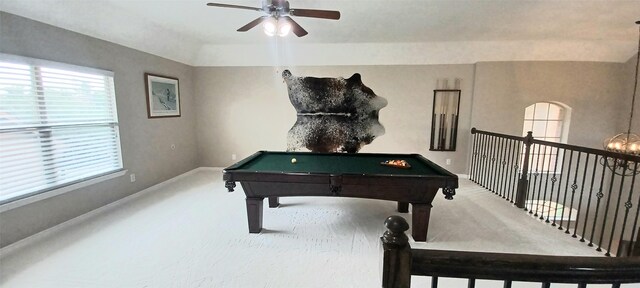 recreation room with a ceiling fan, baseboards, and billiards table