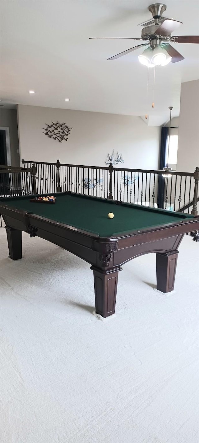 17315 Cumberland Park Ln, Humble, TX 77346 - recreation room with billiards table, carpet, ceiling fan, and recessed lighting