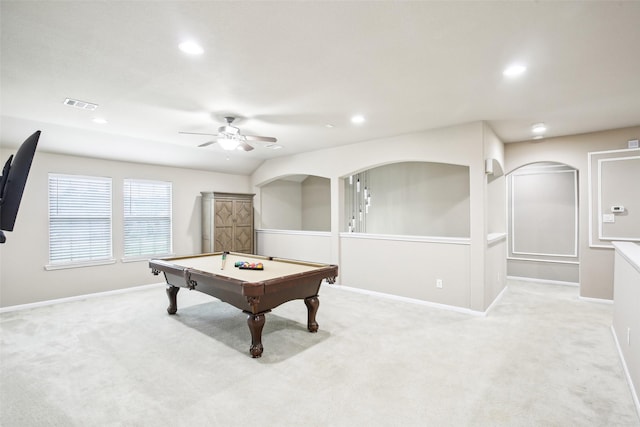 rec room with ceiling fan, carpet floors, recessed lighting, baseboards, and billiards table