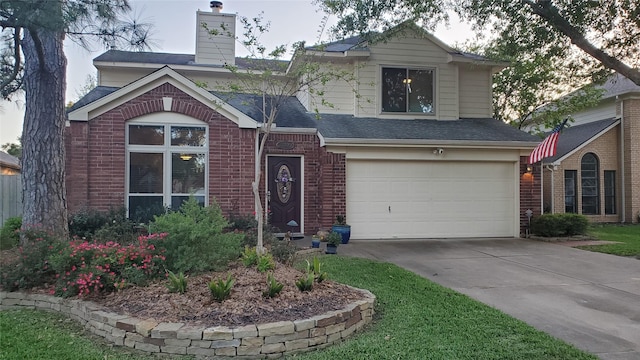 15223 Hillside Park Way, Cypress, TX 77433 - view of front of house featuring brick siding, a garage, driveway, a chimney, and roof with shingles