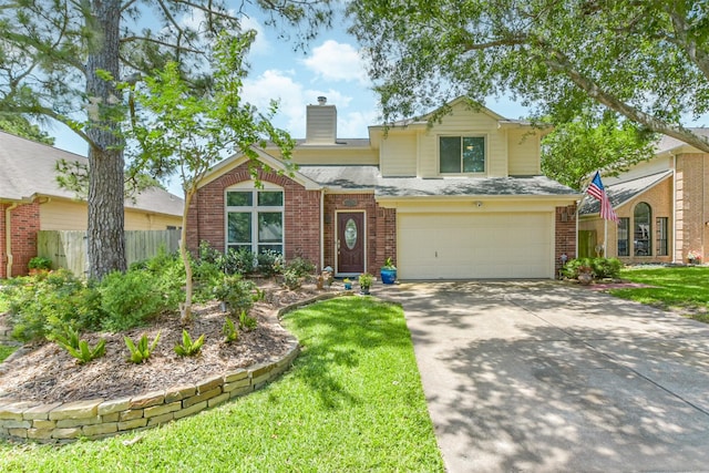 15223 Hillside Park Way, Cypress, TX 77433 - traditional-style home with a chimney, a garage, driveway, brick siding, and a shingled roof