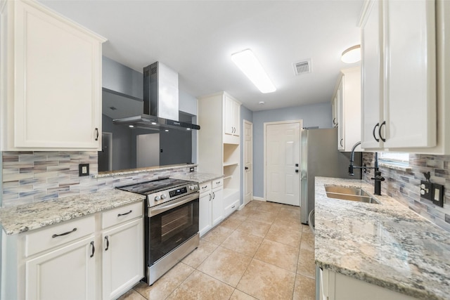 16330 Autumn Wind Dr, Houston, TX 77090 - kitchen featuring stainless steel range with electric cooktop, extractor fan, decorative backsplash, light tile patterned floors, and white cabinets