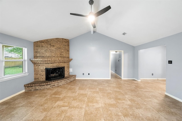 16330 Autumn Wind Dr, Houston, TX 77090 - unfurnished living room featuring ceiling fan, a fireplace, baseboards, and light tile patterned floors