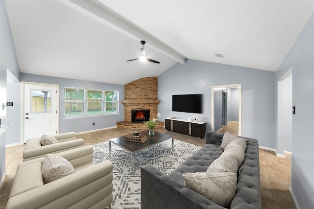 16330 Autumn Wind Dr, Houston, TX 77090 - living room with a ceiling fan, a brick fireplace, baseboards, and light tile patterned floors