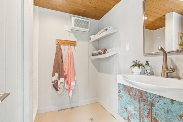 full bath with wooden ceiling, a sink, an AC wall unit, baseboards, and a shower