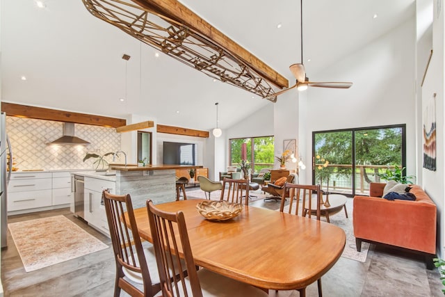 dining area featuring high vaulted ceiling, a ceiling fan, beam ceiling, and recessed lighting
