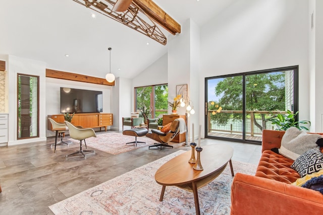 living area with high vaulted ceiling, beam ceiling, and recessed lighting