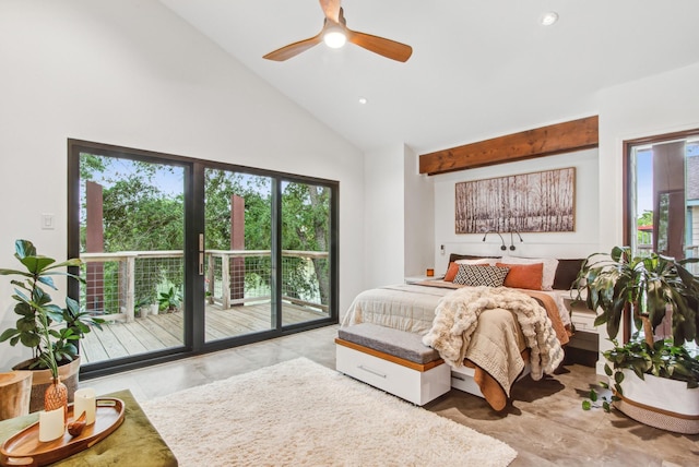 bedroom featuring high vaulted ceiling, access to outside, multiple windows, marble finish floors, and recessed lighting