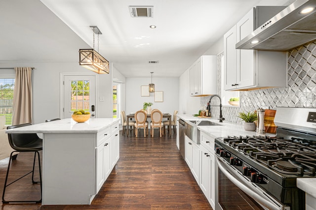 kitchen featuring stainless steel appliances, extractor fan, a sink, decorative backsplash, and dark wood-type flooring