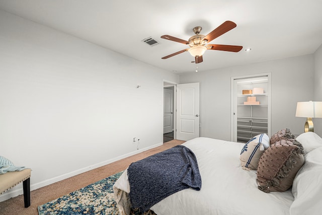 carpeted bedroom with baseboards, ceiling fan, and recessed lighting