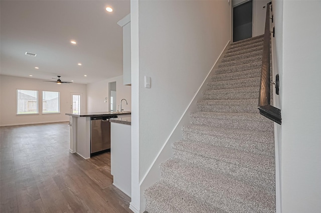 5422 Evergreen Heights Ln, Spring, TX 77373 - stairs with wood finished floors, baseboards, recessed lighting, and a ceiling fan