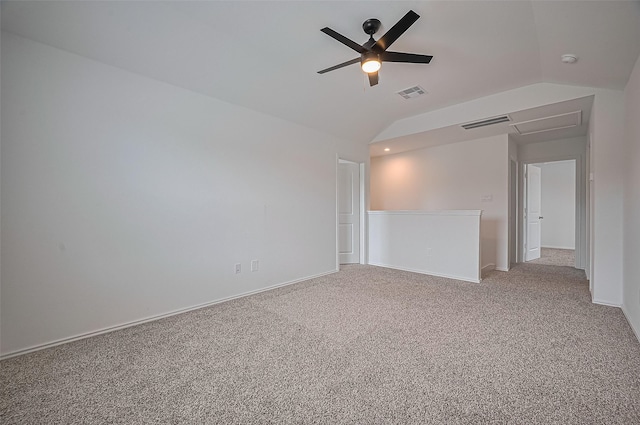 5422 Evergreen Heights Ln, Spring, TX 77373 - empty room with a ceiling fan, light colored carpet, vaulted ceiling, attic access, and baseboards