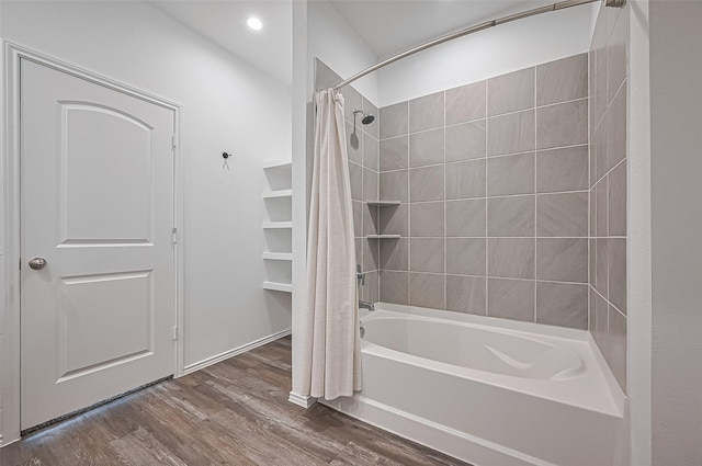 5422 Evergreen Heights Ln, Spring, TX 77373 - full bathroom with shower / bathtub combination with curtain and wood finished floors