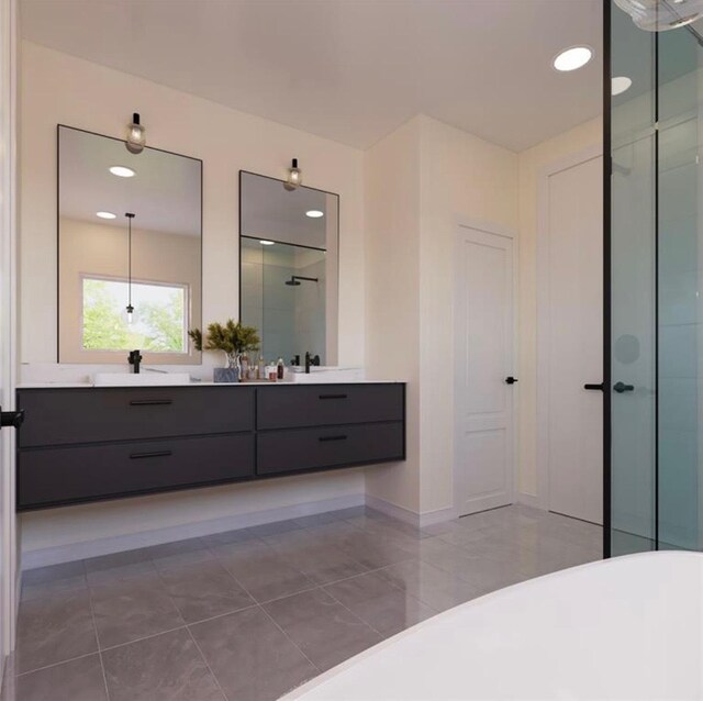 bathroom with double vanity, a shower with shower door, tile patterned floors, recessed lighting, and baseboards