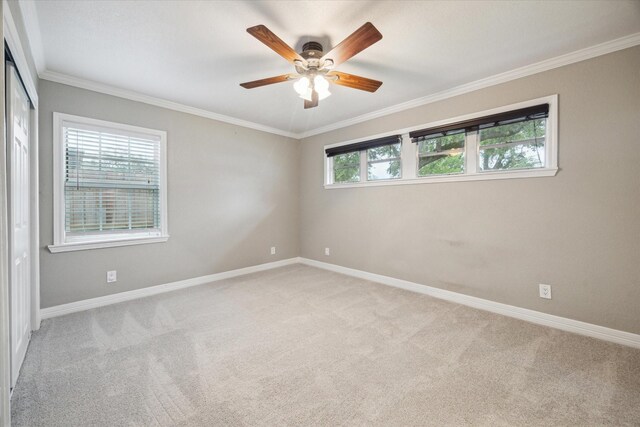 spare room featuring light carpet, baseboards, and crown molding