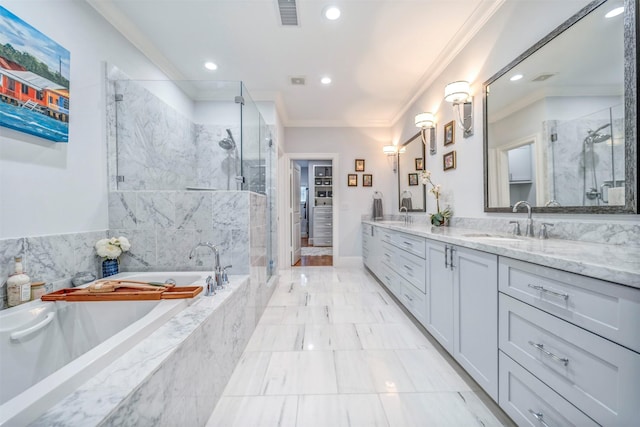 7119 Janet St, Houston, TX 77055 - full bathroom featuring a marble finish shower, double vanity, a bath, crown molding, and recessed lighting