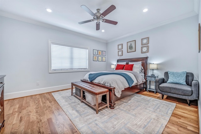 7119 Janet St, Houston, TX 77055 - bedroom with light wood-style flooring, ornamental molding, baseboards, recessed lighting, and a ceiling fan