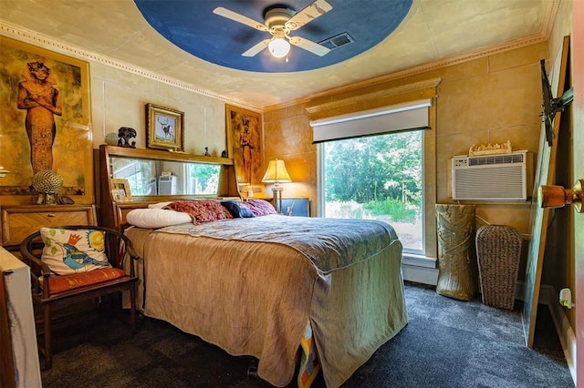 bedroom featuring carpet, multiple windows, crown molding, access to exterior, and an AC wall unit