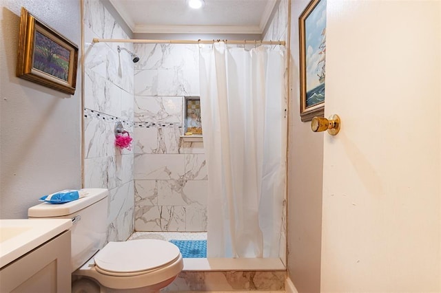 full bath with a stall shower, toilet, vanity, and ornamental molding