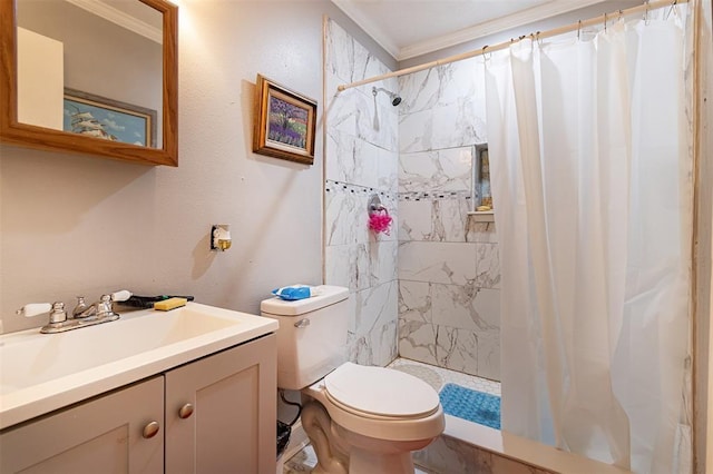 bathroom featuring toilet, tiled shower, vanity, and ornamental molding