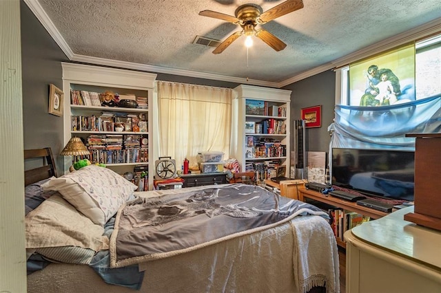 bedroom featuring a textured ceiling, crown molding, and ceiling fan
