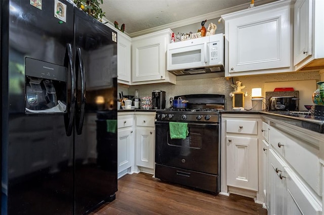 kitchen with black appliances, white cabinets, dark countertops, decorative backsplash, and crown molding