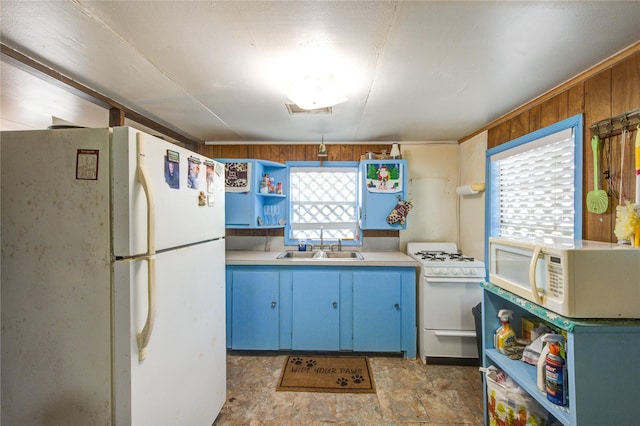 1577 Channel Dr, Brazoria, TX 77422 - kitchen with white appliances, blue cabinets, open shelves, wood walls, and a sink