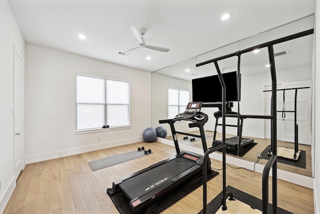 13611 Milan Meadow Ct, Houston, TX 77077 - exercise room featuring ceiling fan, baseboards, light wood-style flooring, and recessed lighting