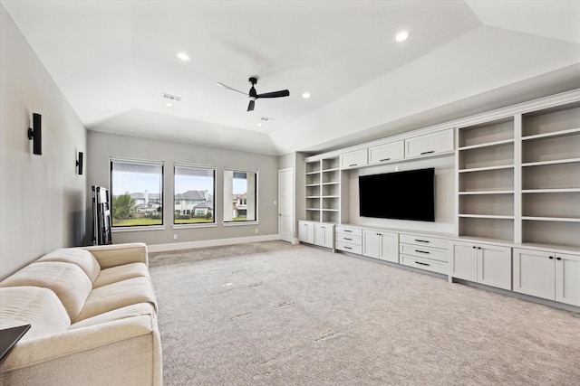 13611 Milan Meadow Ct, Houston, TX 77077 - living room featuring ceiling fan, light colored carpet, recessed lighting, baseboards, and lofted ceiling