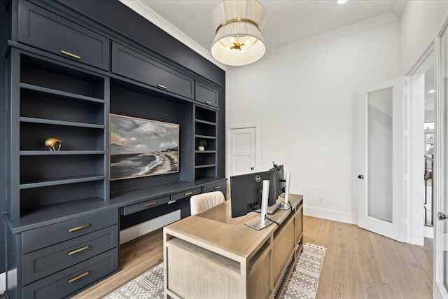 office area featuring crown molding, light wood-type flooring, built in features, and baseboards