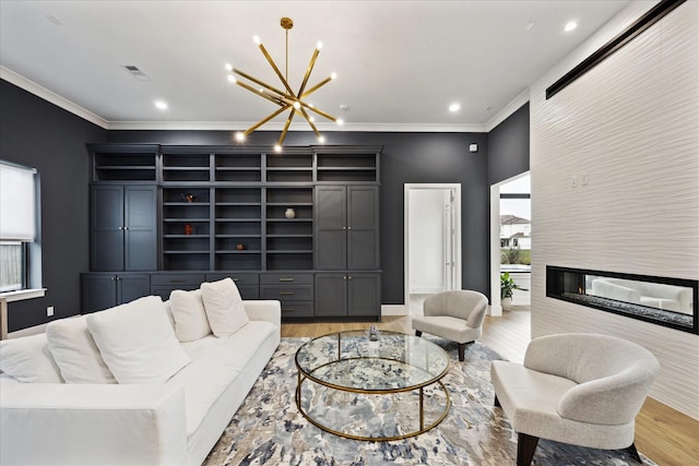 13611 Milan Meadow Ct, Houston, TX 77077 - living room with plenty of natural light, a chandelier, crown molding, light wood-style floors, and recessed lighting